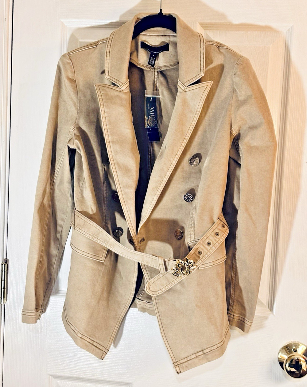 White House Black Market Belted Studio Blazer Beige 4 Mid-Length Pockets